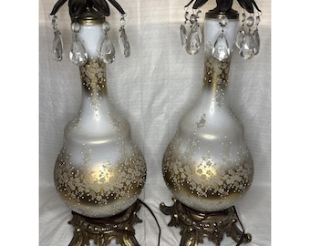 VTG Pair Opalescent Glass Table Lamps Etched Floral Crystal Prisms Falkenstein