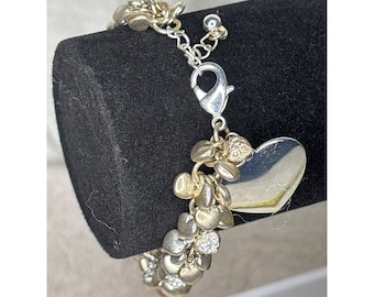 Silver Tone Bunch of Hearts Charm Bracelet Rhinestone Accent Fashion Jewelry