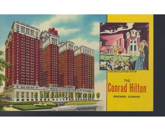 Cartão-postal do Conrad Hilton Chicago IL, o maior hotel do mundo, Boulevard Room Vintage.