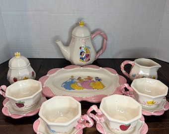 Disney Princess Ceramic Tea Set Teapot Cups Tray Cinderella Belle Snow White