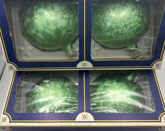 Adornos navideños de vidrio vintage colombiano (4) Juego de 2 cajas redondas iridiscentes verdes