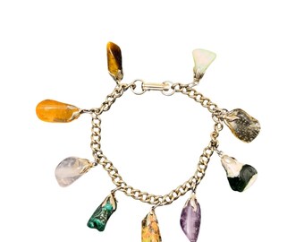 Vintage Silver Multi Gemstone Charm Bracelet Tumbled Stone Boho Jewelry Opal