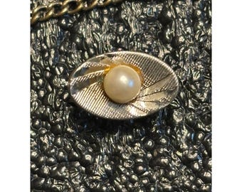 Vintage Sterling Silver sunburst Pearl accent Tie Tack Lapel Pin Chain Clasp