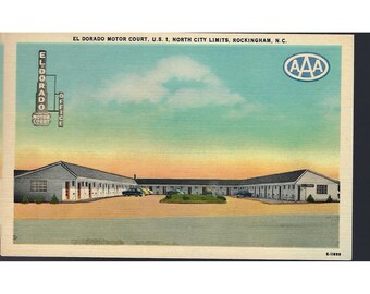 Cartão-postal do El Dorado Motor Court Motel em Rockingham, Carolina do Norte, lembrança de viagem vintage da AAA.