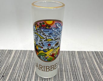 Caribbean Islands Souvenir Frosted Tall Shot Glass Gold Rim Map Graphic Shooter