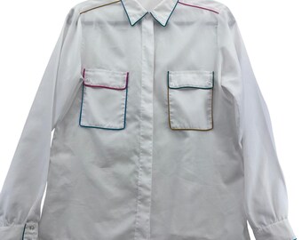 King James White Button Down Long Sleeve Shirt Colored Trim Pockets Collar Cuffs
