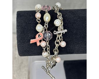 Breast Cancer Awareness Charm Bracelet Hope Courage Pink Ribbon Pearl Beads