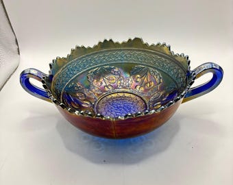 Fenton Cherry Circles Carnival Glass Bonbon Dish Cobalt Blue Iridescent Handles