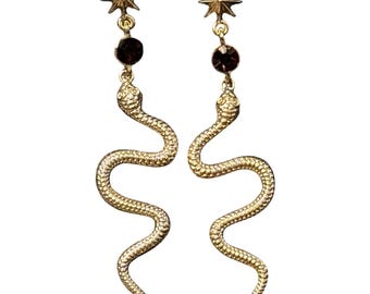 Vtg Earrings Gold Tone SNAKE Rhinestone Statement Dangle Drop Witchy Whimsigoth