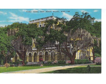 Cartão-postal vintage do Hotel Tivoli, East Beach, Biloxi, Mississippi, Costa do Golfo, década de 1950.