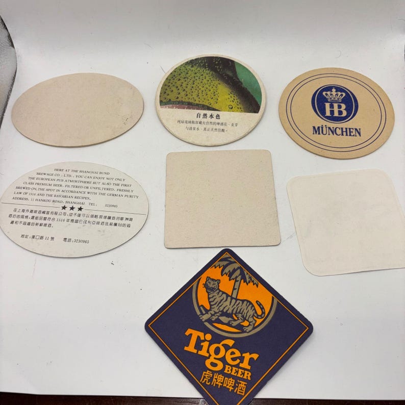 Vintage Beer Coaster Lot 7pc Heineken Paulaner HB Tiger Singha Bacardi Shanghai image 2