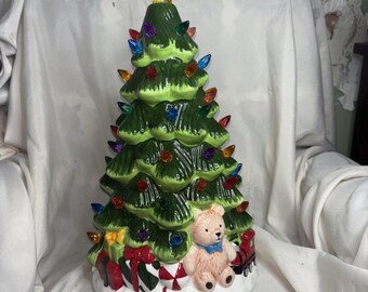 Lighted Ceramic Christmas Tree Teddy Bear Train Gifts Tabletop Decor Green