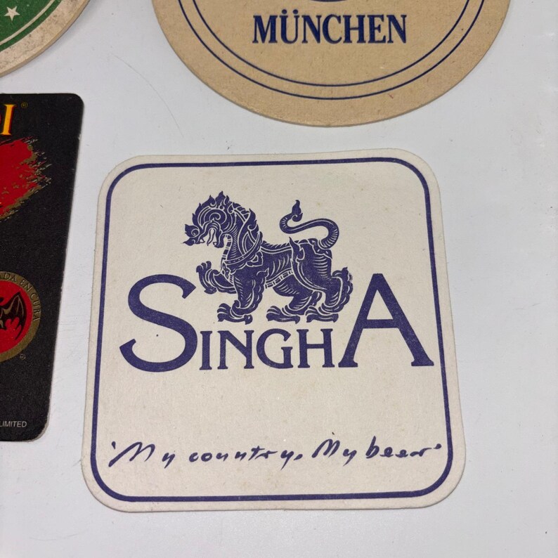 Vintage Beer Coaster Lot 7pc Heineken Paulaner HB Singha Tiger Bacardi Barware image 6