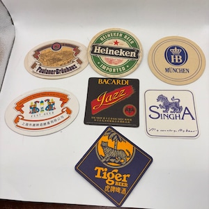 Vintage Beer Coaster Lot 7pc Heineken Paulaner HB Singha Tiger Bacardi Barware image 1