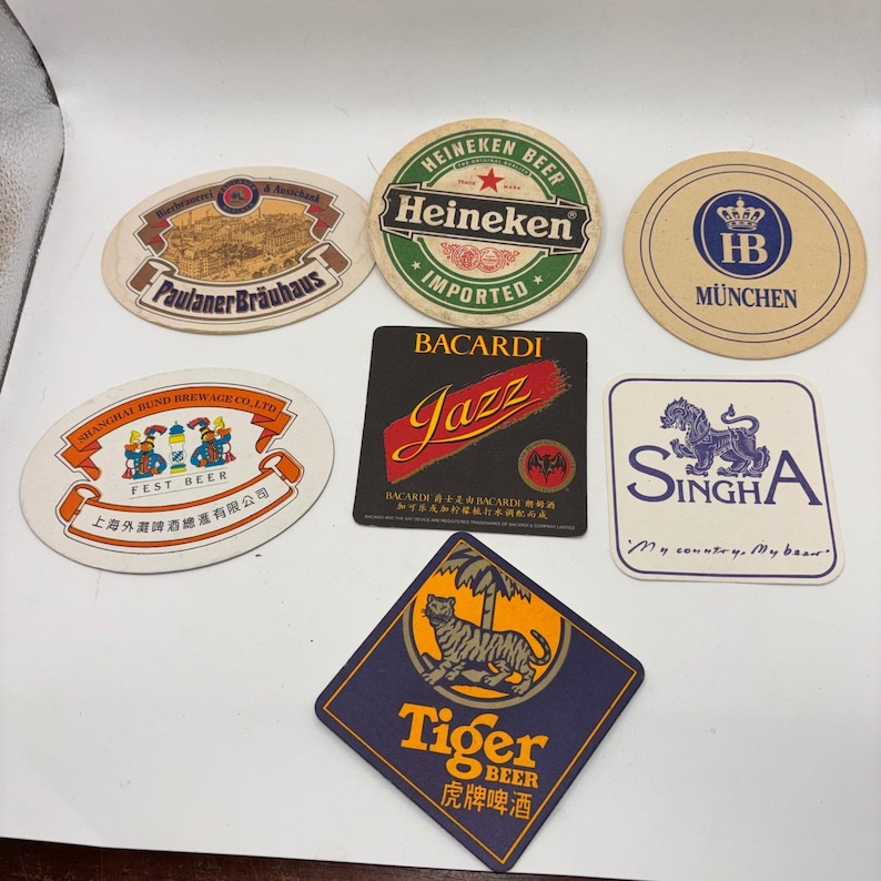Vintage Beer Coaster Lot 7pc Heineken Paulaner HB Singha Tiger Bacardi Barware image 1
