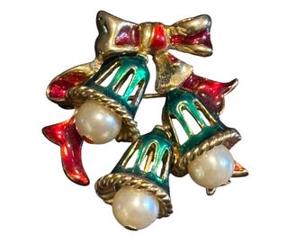 Vintage Gold Enamel Christmas Bells Brooch Faux Pearl Clappers Red Bow Pin 2"