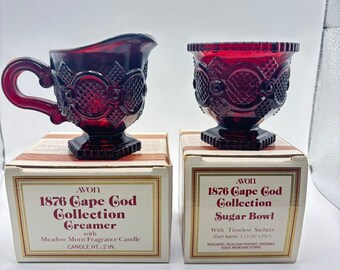 Avon 1876 Cape Cod Collection Ruby Red Glass Creamer and Sugar Bowl Set with Box
