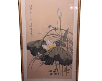 Vintage Chinese Silk Ink Painting Lotus Kingfisher Gold Faux Bamboo Frame 19x30