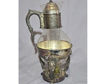 Antique Silver Plated Glass Coffee Tea Pot Warmer Server Ornate Handle Candle