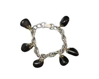 Pulsera vintage plateada con dije de berenjena y piedra de cuarzo ahumado, 15 cm