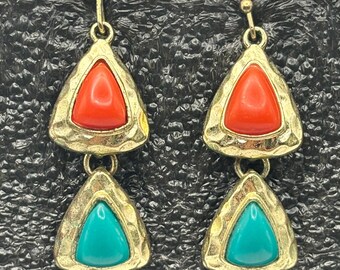 Vintage Gold Tone Triangle Drop Earrings Red Turquoise Southwestern Boho