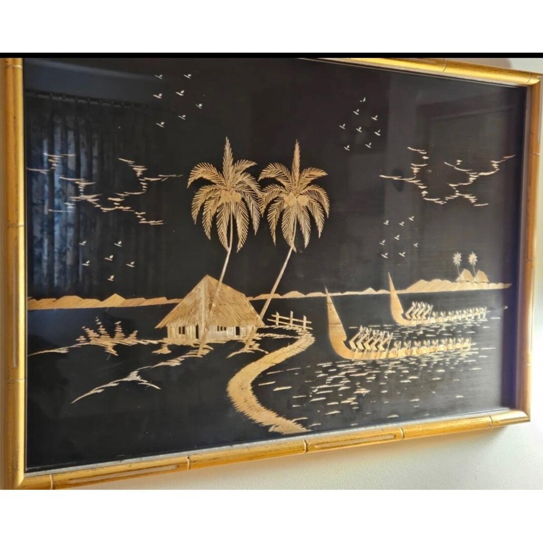 Vintage Tropical Island Bamboo Inlay Art Black Velvet Bamboo Frame ...
