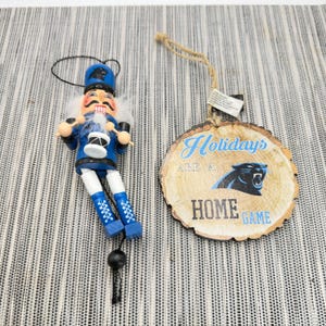 Carolina Panthers NFL Christmas Ornaments Set Pull String Nutcracker Wood Slice