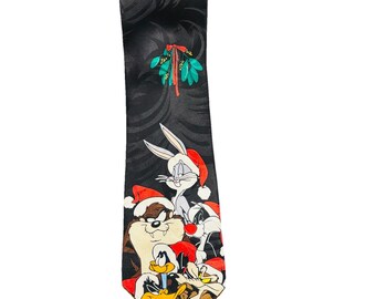 Gravata de seda natalina vintage de 1997 dos Looney Tunes com Pernalonga, Patolino e Taz, com gorros de Papai Noel, da Warner Bros.