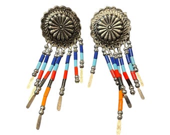 Vintage Southwestern Silver Dangle Earrings Colorful Beaded tribal jewelry