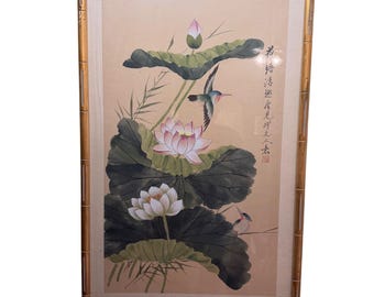 Vintage Chinese Silk Painting Lotus Kingfisher Gold Faux Bamboo Frame 19x30.5