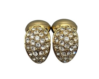 Vintage 80s 90s Gold Pavé Rhinestone Oval Clip On Earrings Statement Sparkly