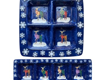 CIC Rebecca Ruegger Holiday Reindeer Ceramic Platter Set 2 Blue Snowflake Tray