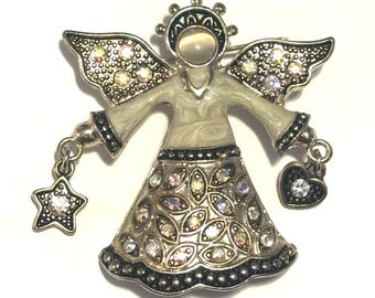 KC Angel Brooch Silver Tone Enamel Rhinestone Dangle Star Heart Cat Eye Cabochon