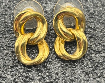 Vintage Monet Gold Tone Interlocking Chain Knot Earrings 1980s Bold Statement