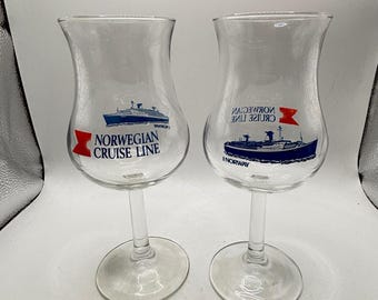 Vintage Norwegian Cruise Line SS Norway Hurricane Glasses Set of 2 Clear Stemmed