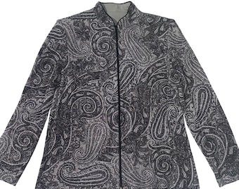 Vtg Black Sequin Paisley Zip Jacket Mandarin Collar Sparkly Blazer Party Evening