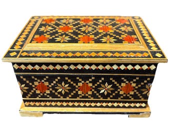 Vintage USSR Soviet Marquetry Inlaid Wood Box Geometric Folk Art Trinket Box 4"