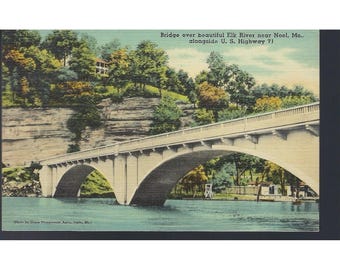 Cartão-postal antigo da ponte sobre o rio Elk, Noel, Missouri, vista panorâmica da rodovia U.S. 71.