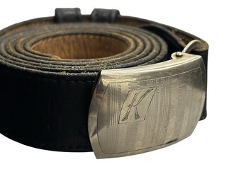 Cinturón de piel de vaca rusa VTG 1/20 FPCO con hebilla bañada en oro y monograma K, talla 46