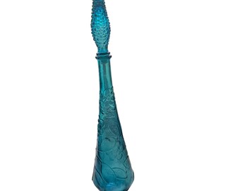 Vintage Empoli Italian Glass Genie Bottle Decanter Turquoise Blue Floral 22.5"