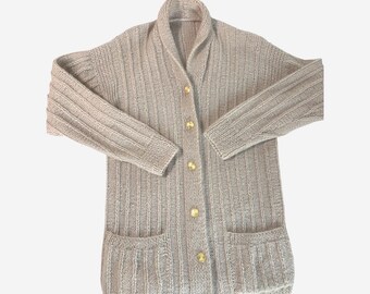 Vtg Beige Shawl Collar Knit Cardigan Sweater Gold Buttons Wool Grandpa Mr.Rogers