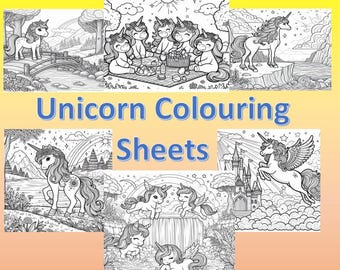 Puede incluir: Una colección de hojas para colorear de unicornios en blanco y negro. Las hojas presentan varias ilustraciones de unicornios en diferentes entornos, incluyendo un picnic, un puente y una cascada. Se muestra el texto "Unicorn Colouring Sheets".
