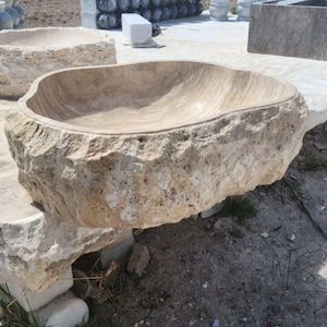 Handmade Travertine Vessel Sink: Rustic Stone Basin with Natural Edge