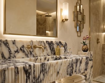 Striped Marble Double Bathroom Sink with 8” Backsplash – 18x46 Modern Vanity Basin