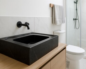 Nero Marquina Marble Sink – Rectangular Black Stone Vessel Basin for Modern Bathroom