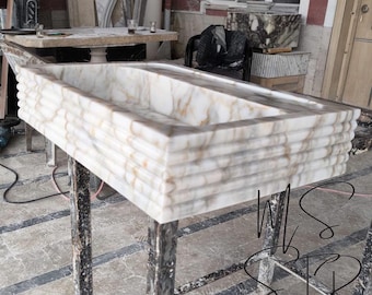 Handmade Calacatta Gold Marble Wall Mount Sink: Ribbed Rectangle Vessel