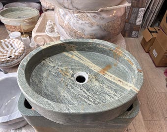 Lavabo rotondo in pietra verde per bagno, in marmo naturale.