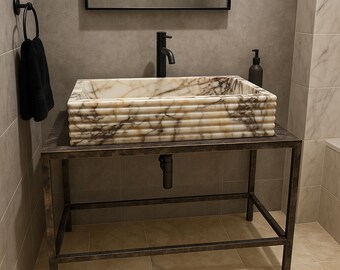 Calacatta Gold Marble Vessel Sink: Layered Rectangular Basin (16x30x8)