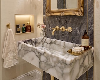 Calacatta Monet Marble Sink: Rectangular Veined Stone Bathroom Vessel