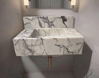 Lavabo de mármol lila artesanal: tocador de baño moderno con protector contra salpicaduras